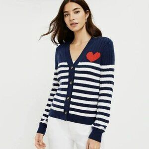 LOFT Heart Puff Sleeve Striped V-Neck Navy Cardigan  - Size Small